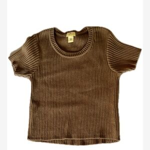 Vintage Ribbed Knit Top Brown Short Sleeve Minimalist Cotton Tee Size L